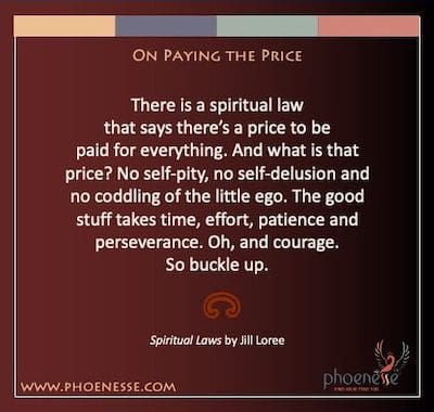 On Paying the Price: There is a spiritual law that says there’s a price to be paid for everything. And what is that price? No self-pity, no self-delusion and no coddling of the little ego. The good stuff takes time, effort, patience and perseverance. Oh, and courage. So buckle up.