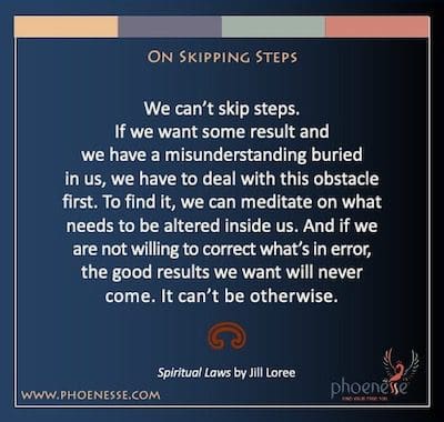 On Skipping Steps: We can’t skip steps. If we want some result and we have a misunderstanding buried in us, we have to deal with this obstacle first. To find it, we can meditate on what needs to be altered inside us. And if we are not willing to correct what’s in error, the good results we want will never come. It can’t be otherwise.