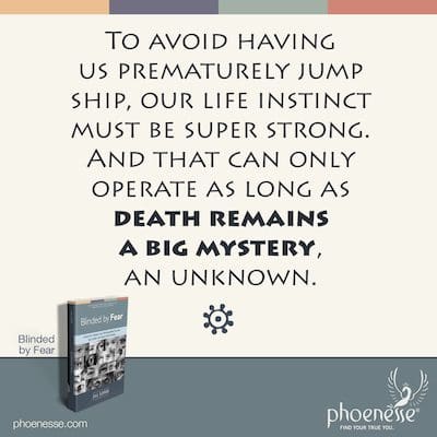 To avoid having us prematurely jump ship, our life instinct must be super strong. And that can only operate as long as death remains a big mystery, an unknown.
